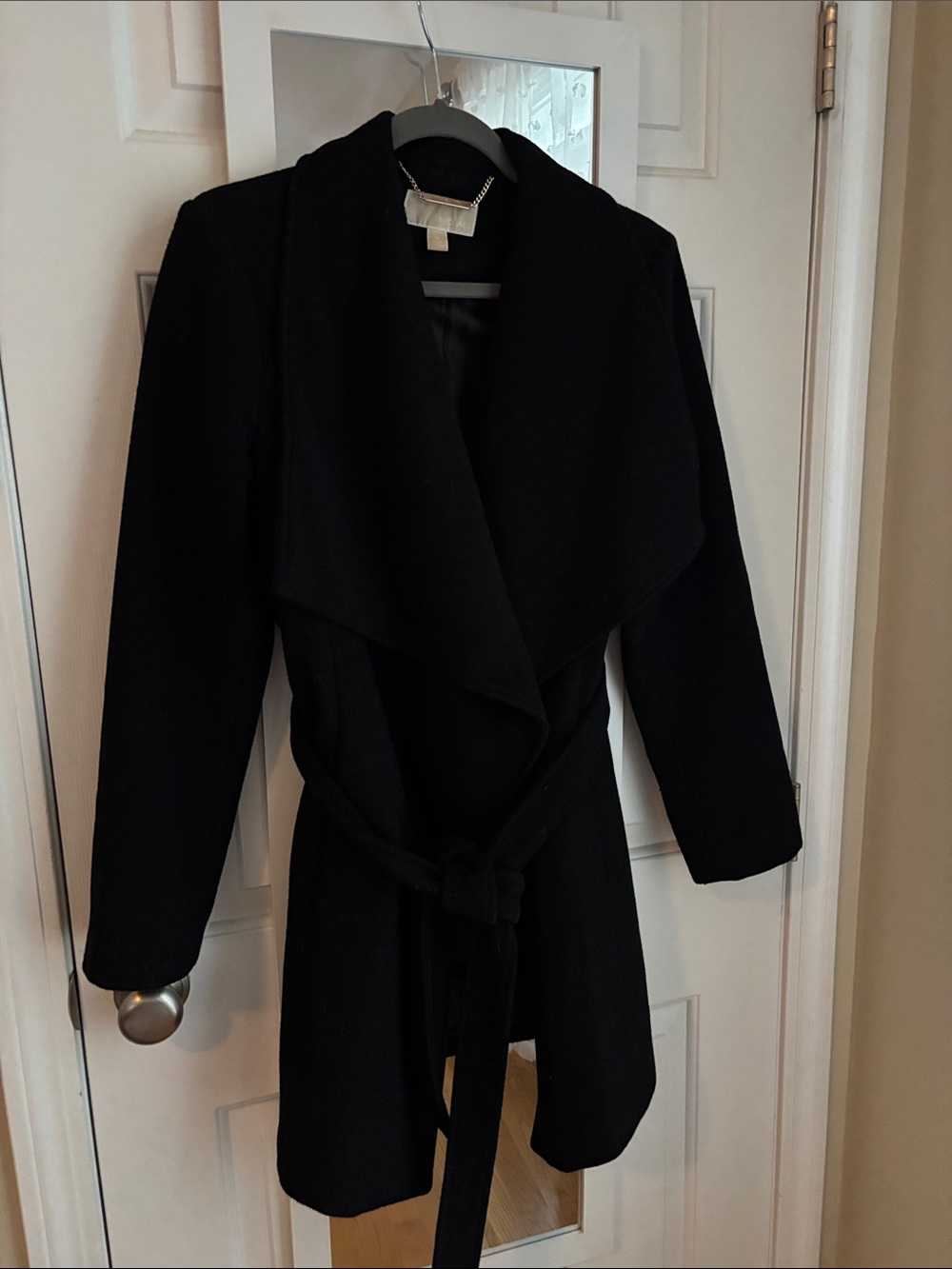 MICHAEL Michael Kors Black Draped Wrap Coat with Tie Belt